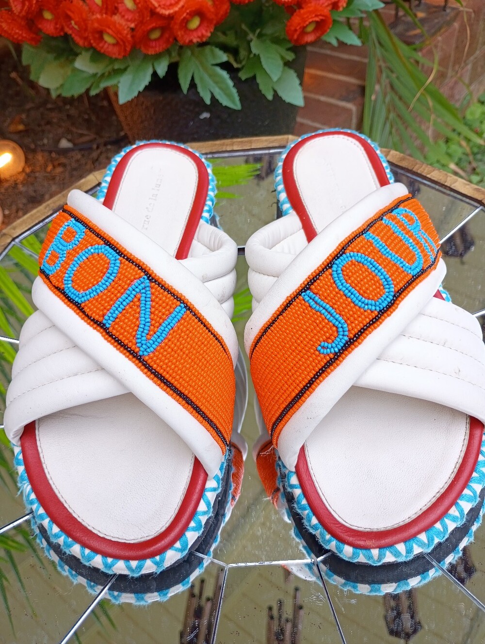 RUE DE LA LUNE X BONJOUR LEATHER CROSSOVER BEADED SLIDE ON SANDALS LN SIPER RARE